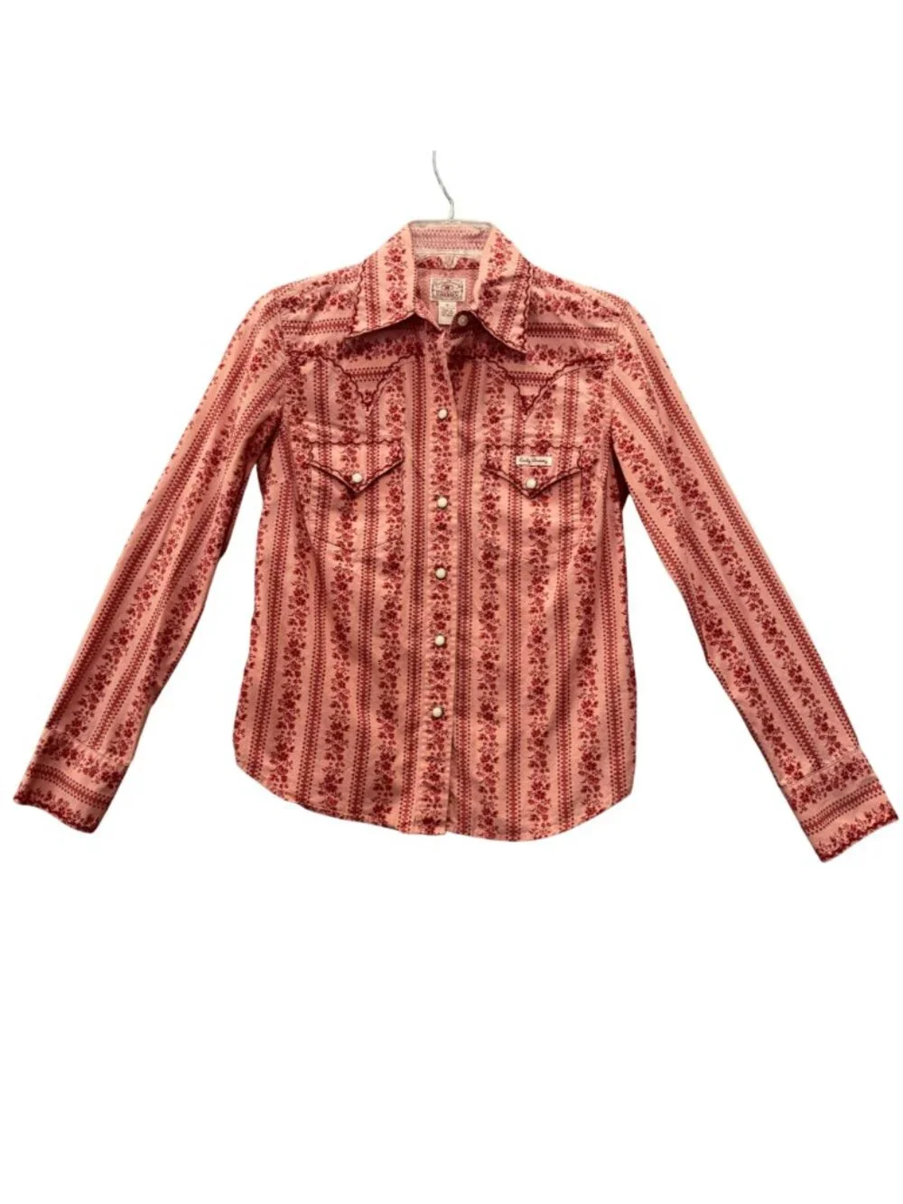 Vintage Lucky Brand Dungarees Pearl Snap Western Blouse Wallpaper Print - Small - Picture 2 of 11